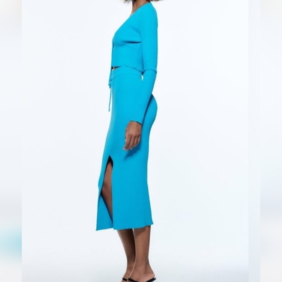 ZARA Ribbed Knit High-waist Midi Skirt w/ Elastic Waistband BackVent.Aqua Blue.M - Picture 5 of 16